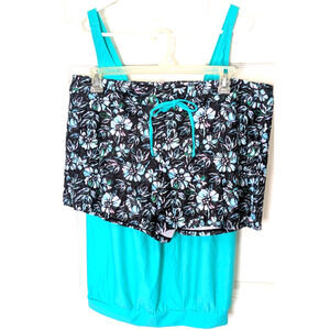 Women's 2 Piece Tankini w Shorts 22W Blue Black Blouson Top Swimwear